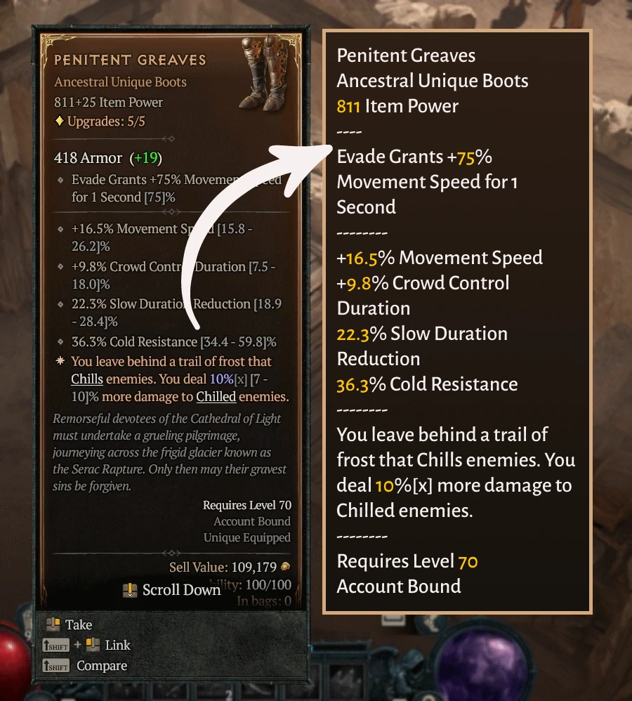 Two Diablo IV items side by side, the right one converted to text